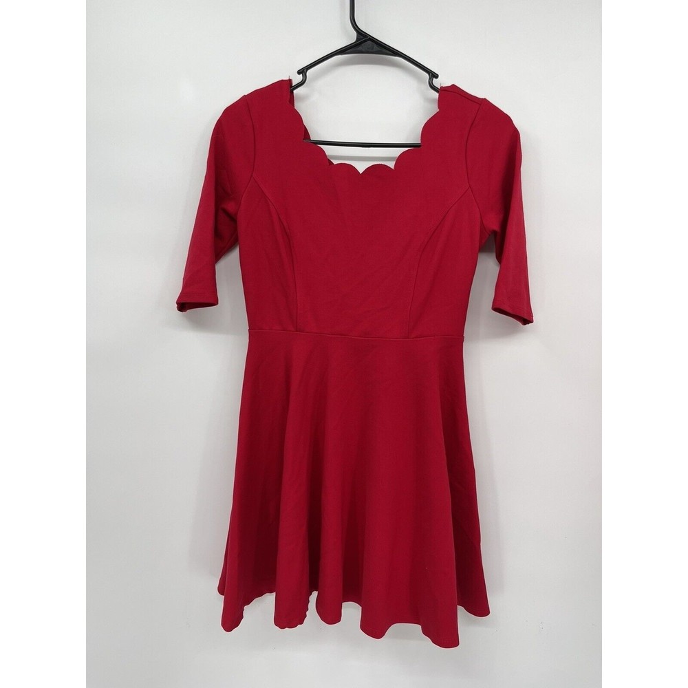 Lulus Medium Skater Dress Womens Red Scalloped Neck Elbow Sleeve Fit Flare